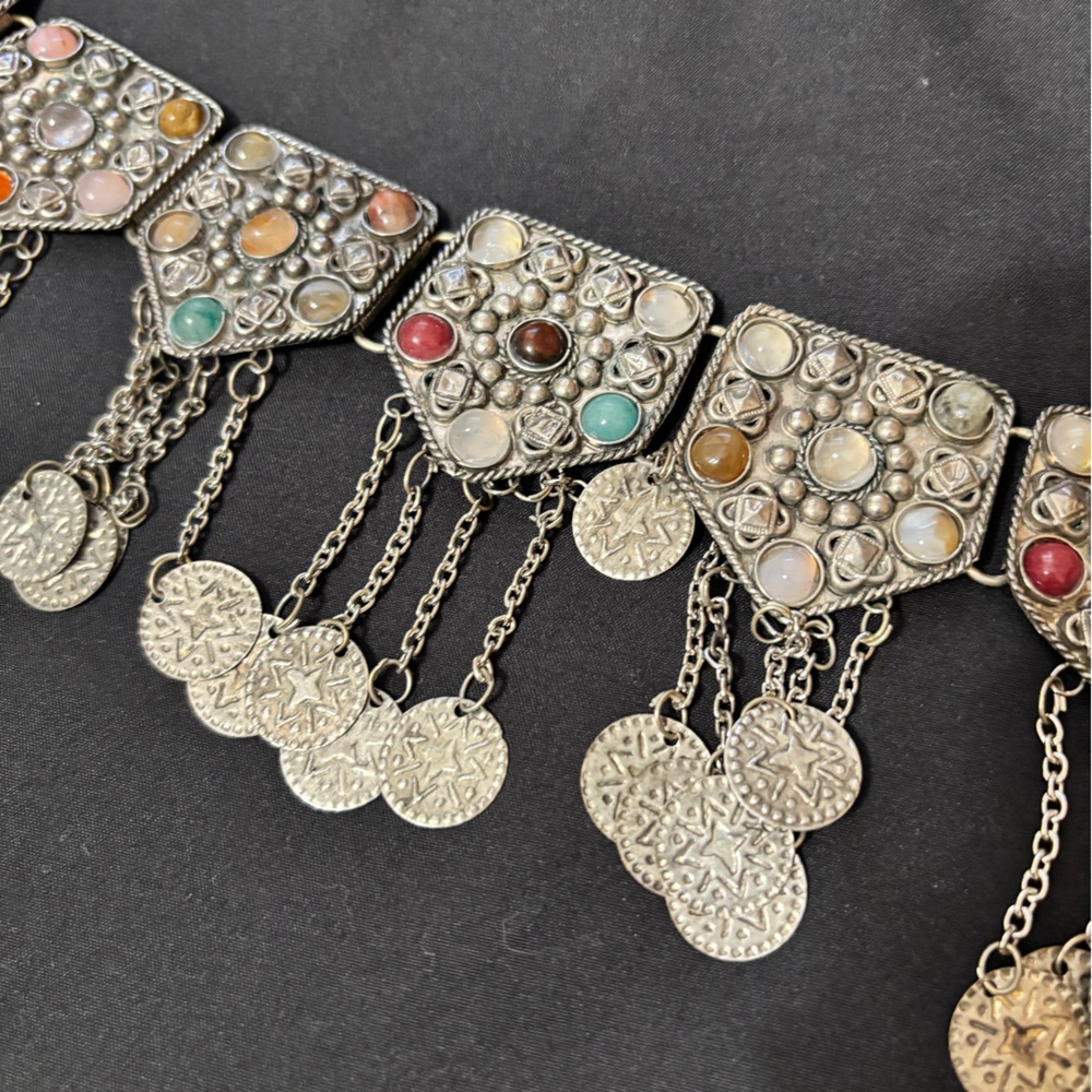 Natural Stone Metal Afghan Belt, Gypsy belt, Silver Tone Kuchi Belt